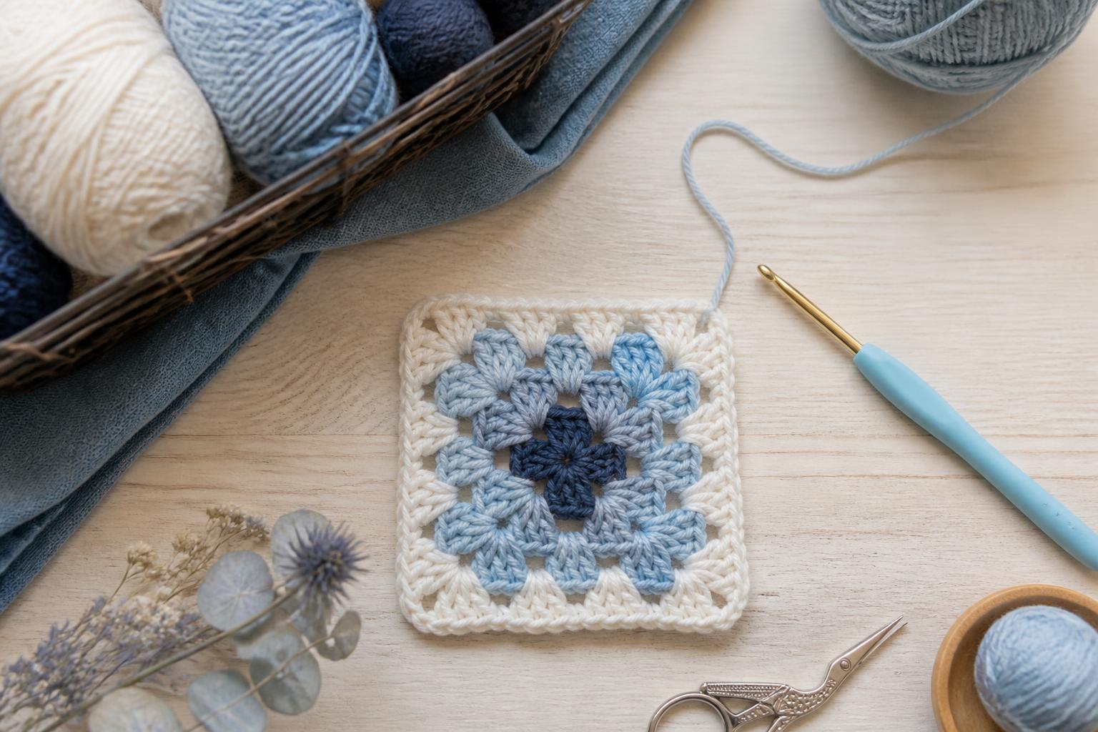 Materials needed to make a granny square including yarn and hook.