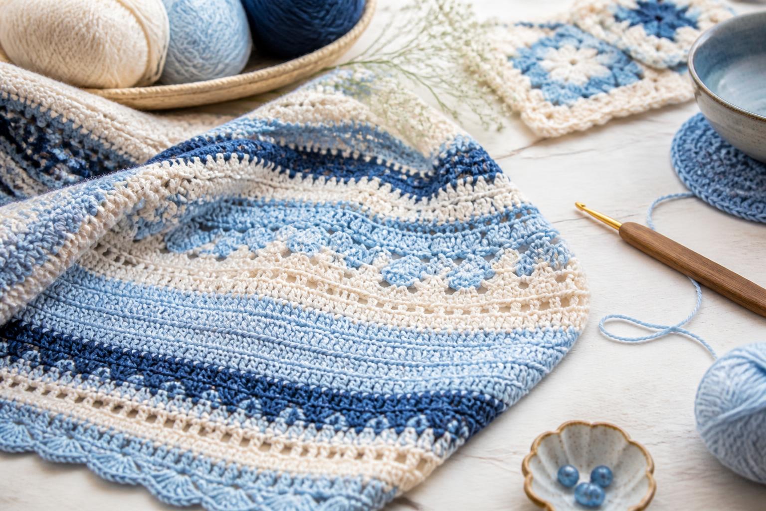 Detailed crochet stitches and knitted patterns.