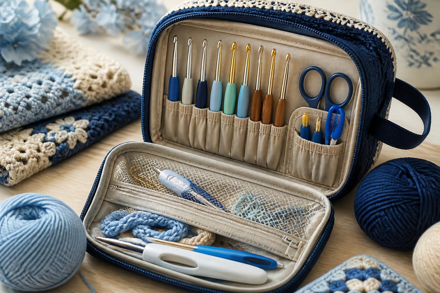 Materiais de crochet organizados sobre uma mesa clara