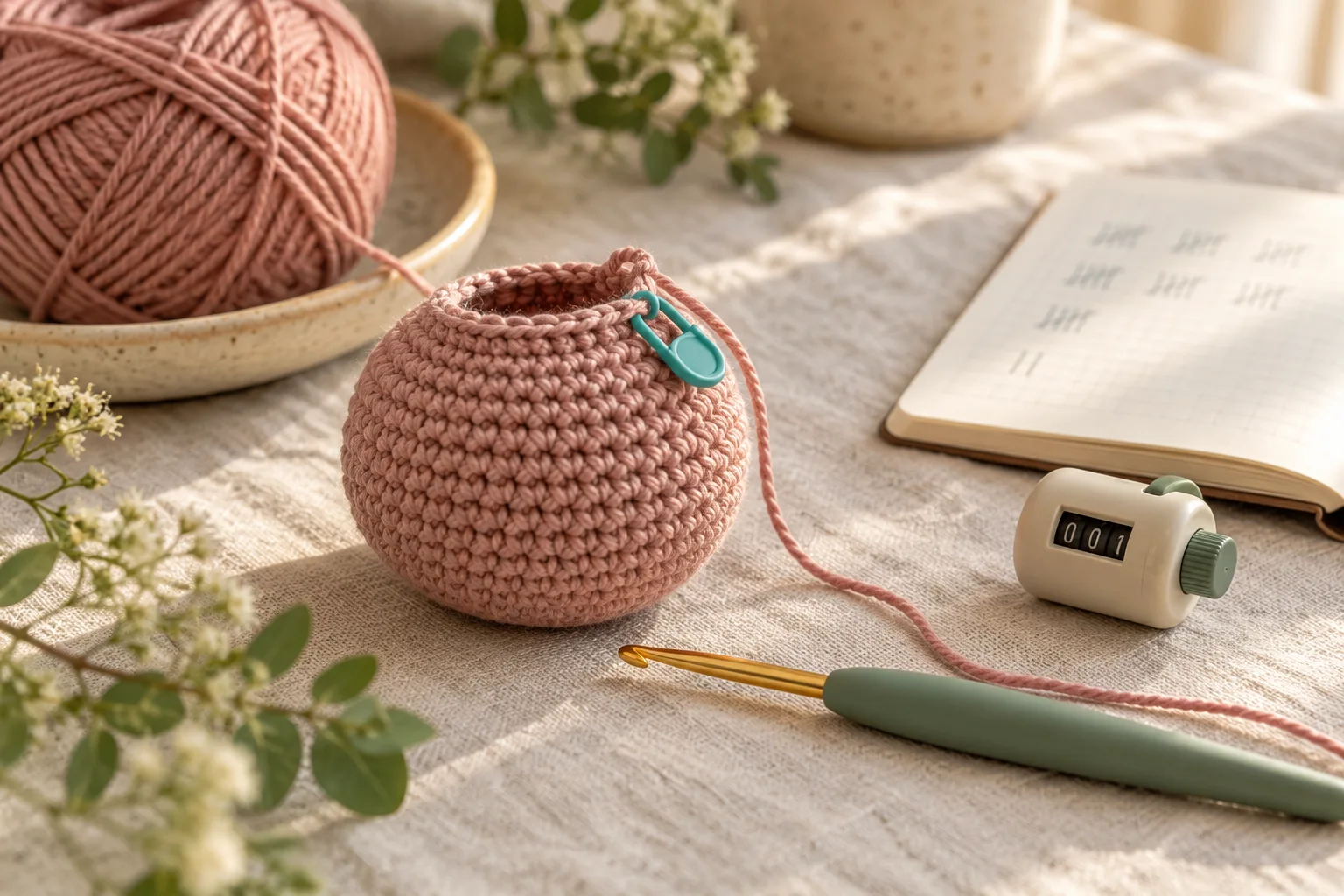 Amigurumi mit Maschenmarkierer, Häkelnadel und mechanischem Zähler
