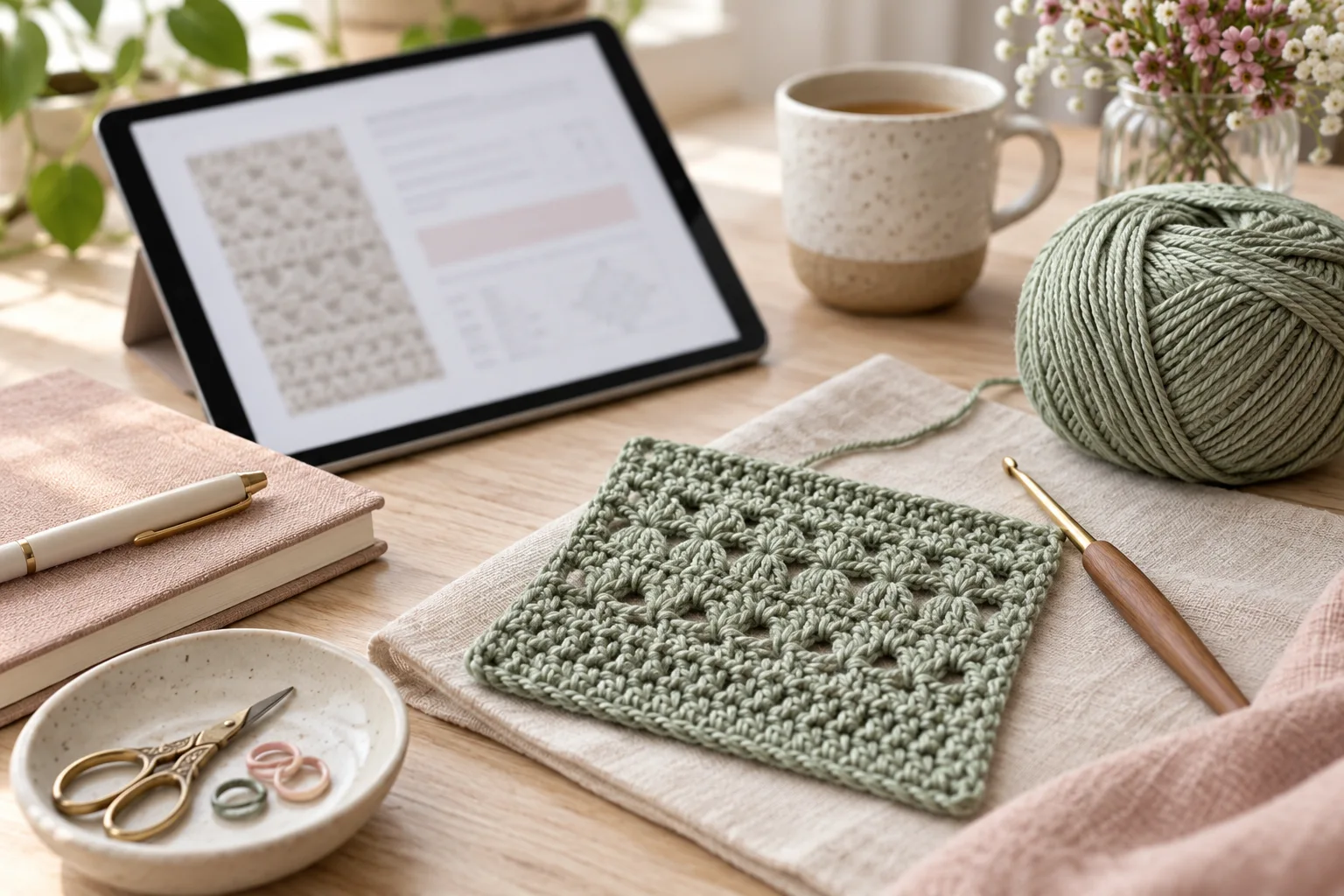 Crochet PDF on a tablet beside a swatch and yarn