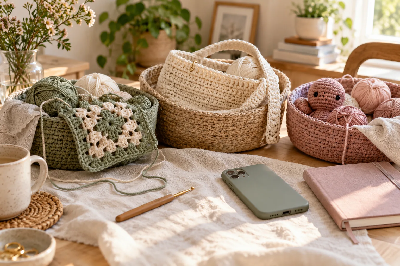 Baskets holding different crochet projects and their materials